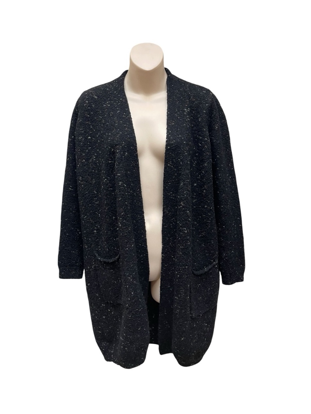 Max Studio Black Speckled Wool Blend Long Cardigan Sweater Pockets Small S